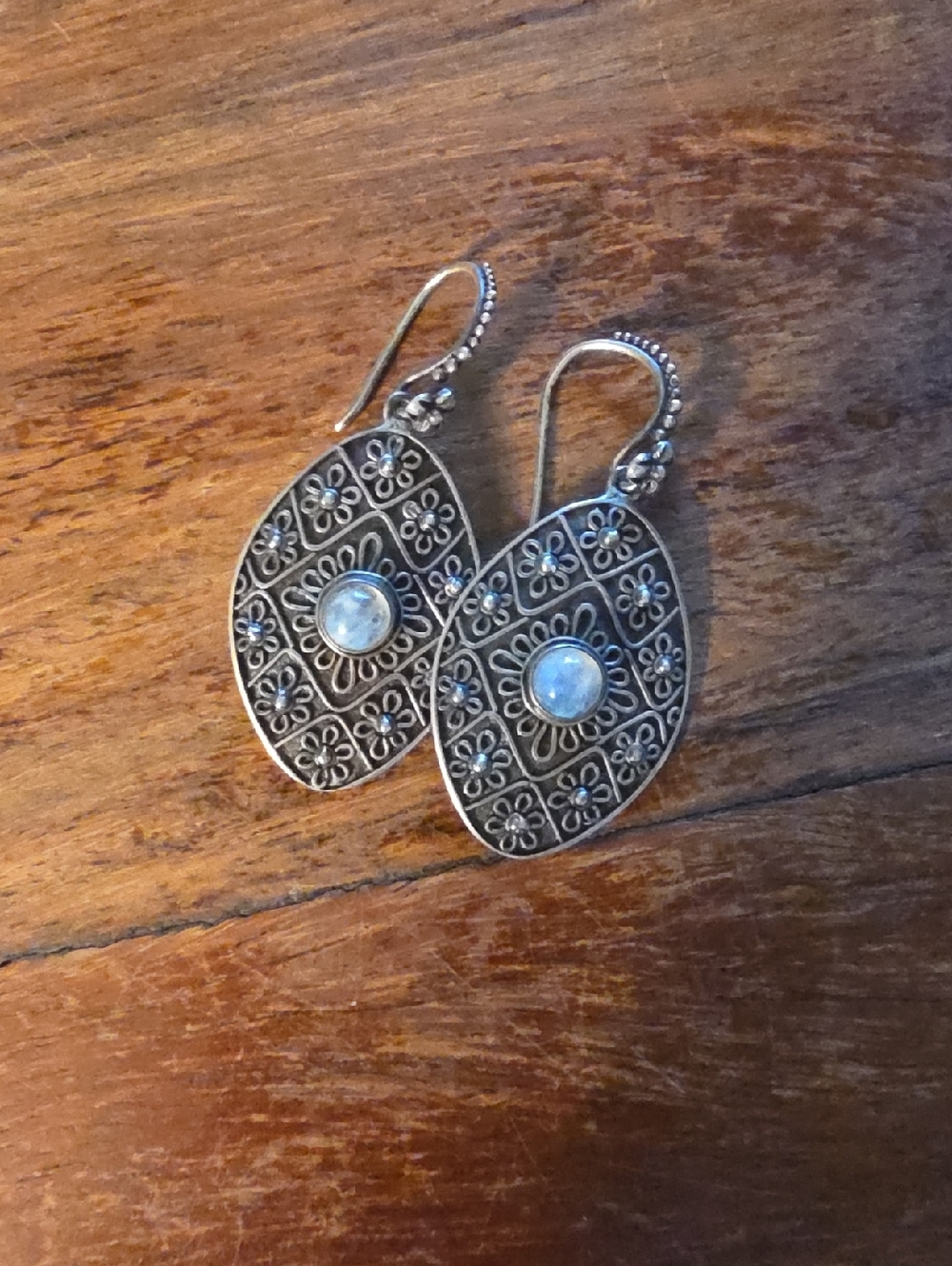Silver-Tone Floral Drop Earrings with Iridescent Moonstone Accent
